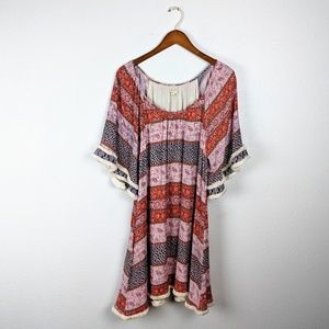 Easel boho paisley stripe bell sleeve dress